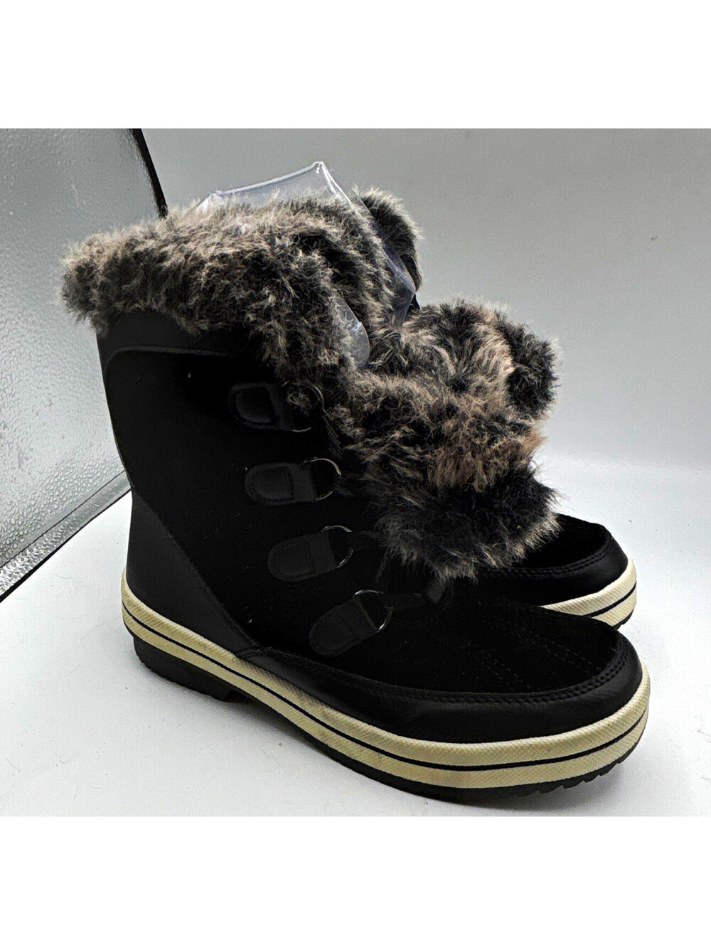 Universal Thread Black Pull On Faux Fur Trim Lined Mid-Calf Boots US 6